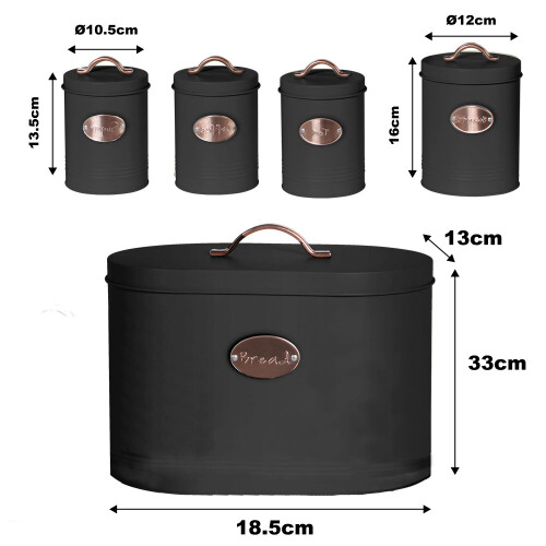 (Black) 5pc Kitchen Storage Container Set - Bread Bin + Tea Sugar Coffee Biscuit Tins 2