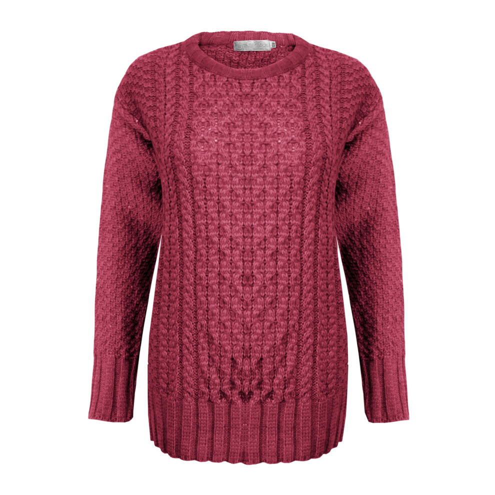 (Pom-Red, 16-18) New Ladies Women Knitted Cable Knit Jumper Sweater Pullover Top