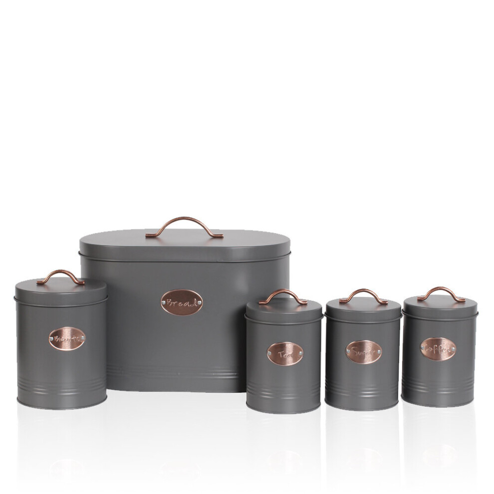 (Grey) 5pc Kitchen Storage Container Set - Bread Bin + Tea Sugar Coffee Biscuit Tins