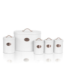(White) 5pc Kitchen Storage Container Set - Bread Bin + Tea Sugar Coffee Biscuit Tins