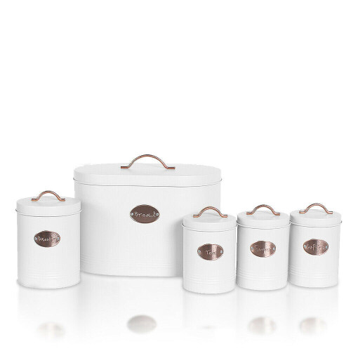 (White) 5pc Kitchen Storage Container Set - Bread Bin + Tea Sugar Coffee Biscuit Tins
