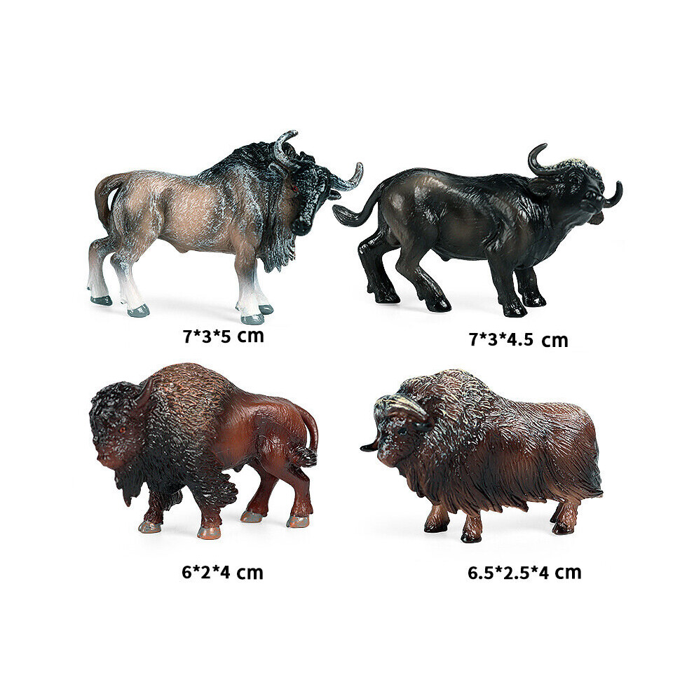 (B) 4PCS Simulation Wild Animal Model Cow Bull Bison Set Toy Cake Decoration