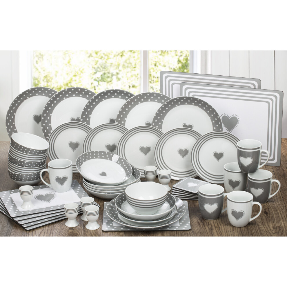 56PC Grey Heart Dinner set - no cutlery