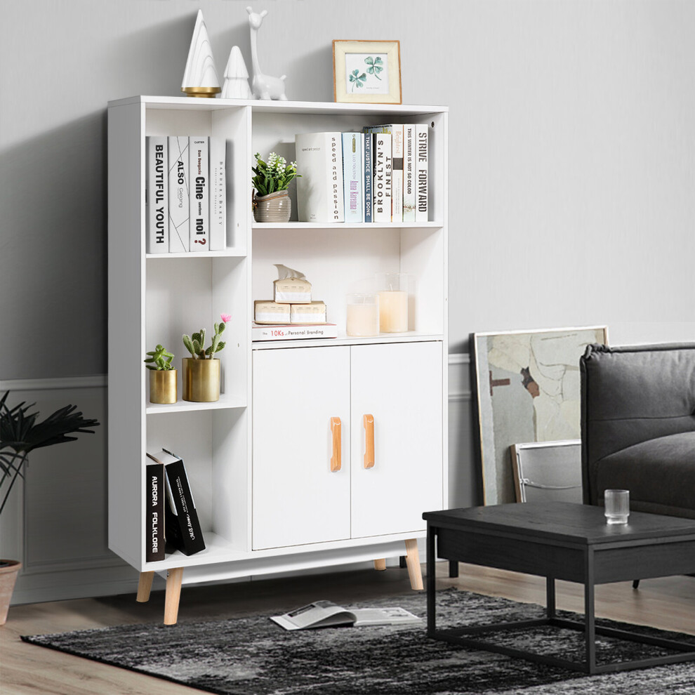 Floor Storage Cabinet Wooden Bookcase w/ Two Doors Side Cabinet w/Shelf & Cubes