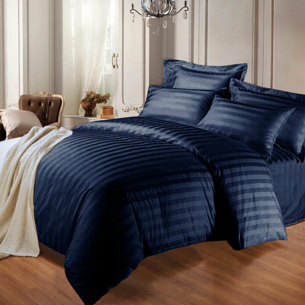 (Navy Blue , Double ) New Satin Stripe Duvet Quilt Cover Luxury Bedding Set