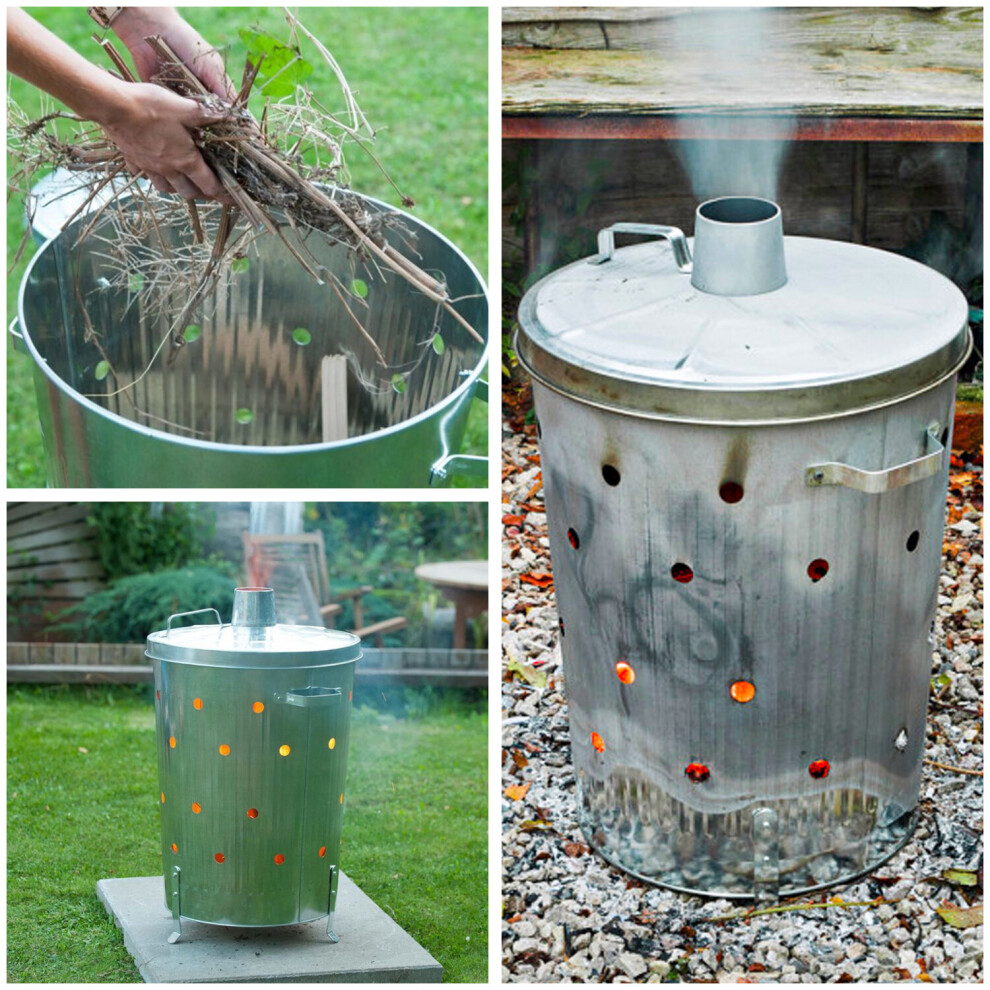 GALVANIZED INCINERATOR PAPER LEAF WOOD WASTE BURNER GARDEN RUBBISH FIRE BIN 90L