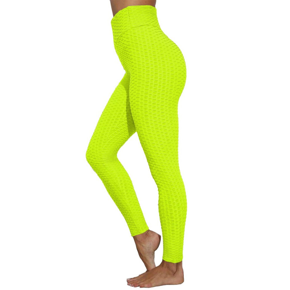 (S/M, Neon Yellow) Women Anti-Cellulite Ruched Back Push Up Honeycomb Gym Fitness Leggings Pants