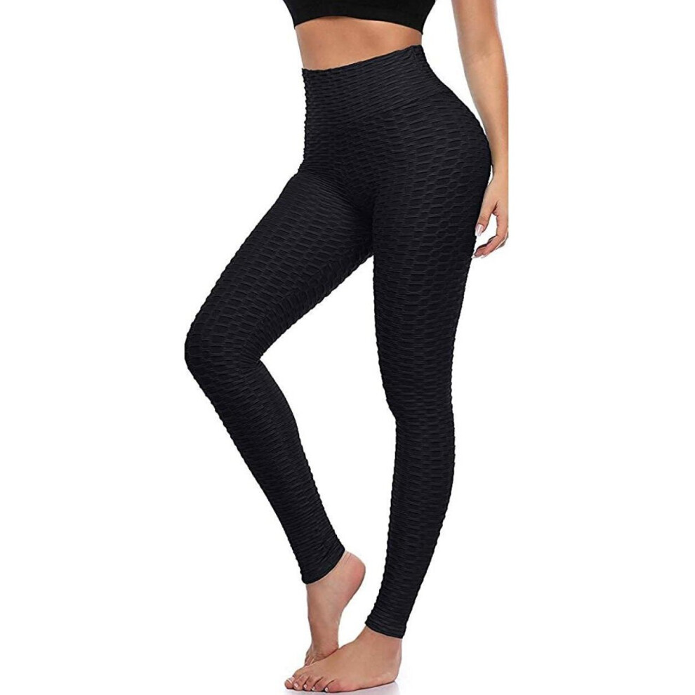 (S/M, Black) Women Anti-Cellulite Ruched Back Push Up Honeycomb Gym Fitness Leggings Pants