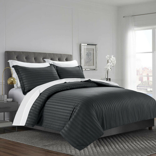 (Black , Double ) Satin Stripe Duvet Quilt Cover Luxury Bedding Set 2
