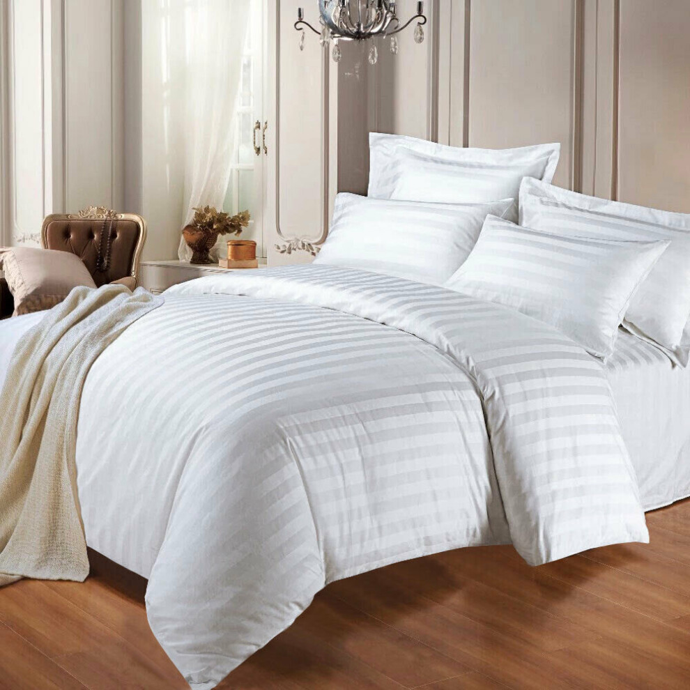 (White, Double ) New Satin Stripe Duvet Quilt Cover Luxury Bedding Set