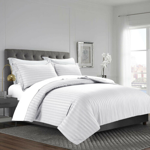 (White, Single ) Satin Stripe Duvet Quilt Cover Luxury Bedding Set 2