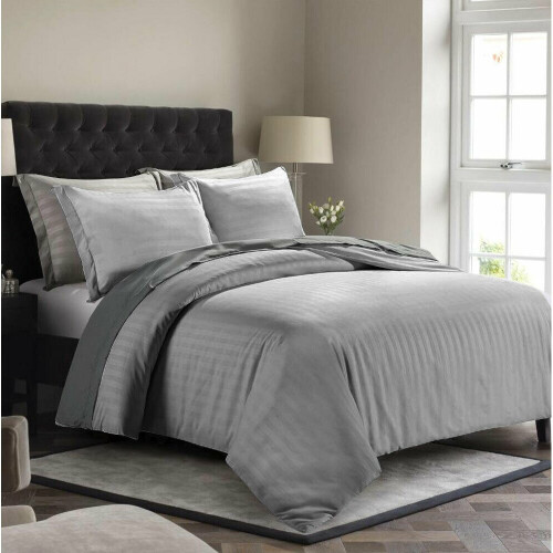 (Grey , Single ) Satin Stripe Duvet Quilt Cover Luxury Bedding Set 1