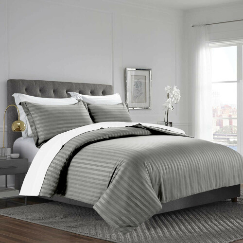 (Grey , Single ) Satin Stripe Duvet Quilt Cover Luxury Bedding Set 2