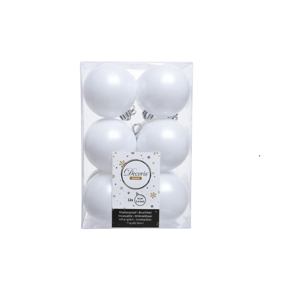 12 Luxury Shatterproof Christmas Baubles Tree Decs 60mm - Winter White