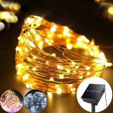 (Blanc chaud) Guirlande lumineuse solaire à 200 LED, fil de cuivre, féerique, pour l'extérieur, jardin, fête