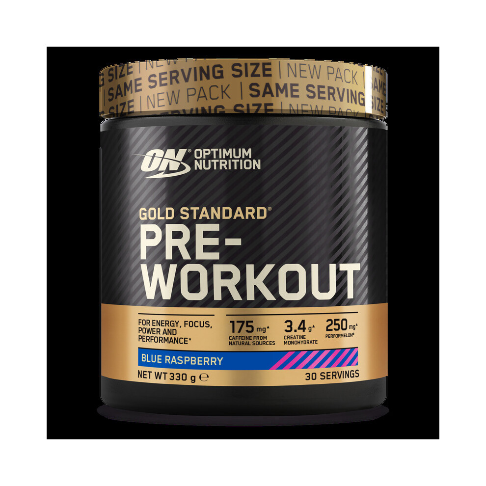 New Optimum Nutrition Gold Standard Pre Workout Blue Raspberry Flavour Gold/Blue 330G