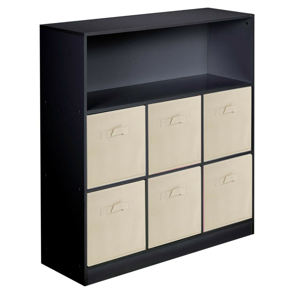 (Black, Beige) Wooden 7 Cubed Bookcase Units Shelves 6 Drawers