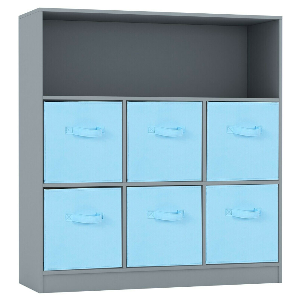 (Grey, Sky Blue) Wooden 7 Cubed Bookcase Units Shelves 6 Drawers