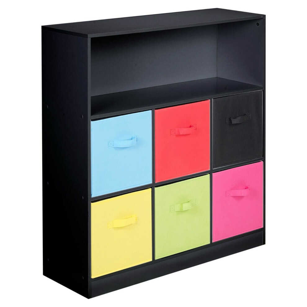 (Black, Multicolour) Wooden 7 Cubed Bookcase Units Shelves 6 Drawers