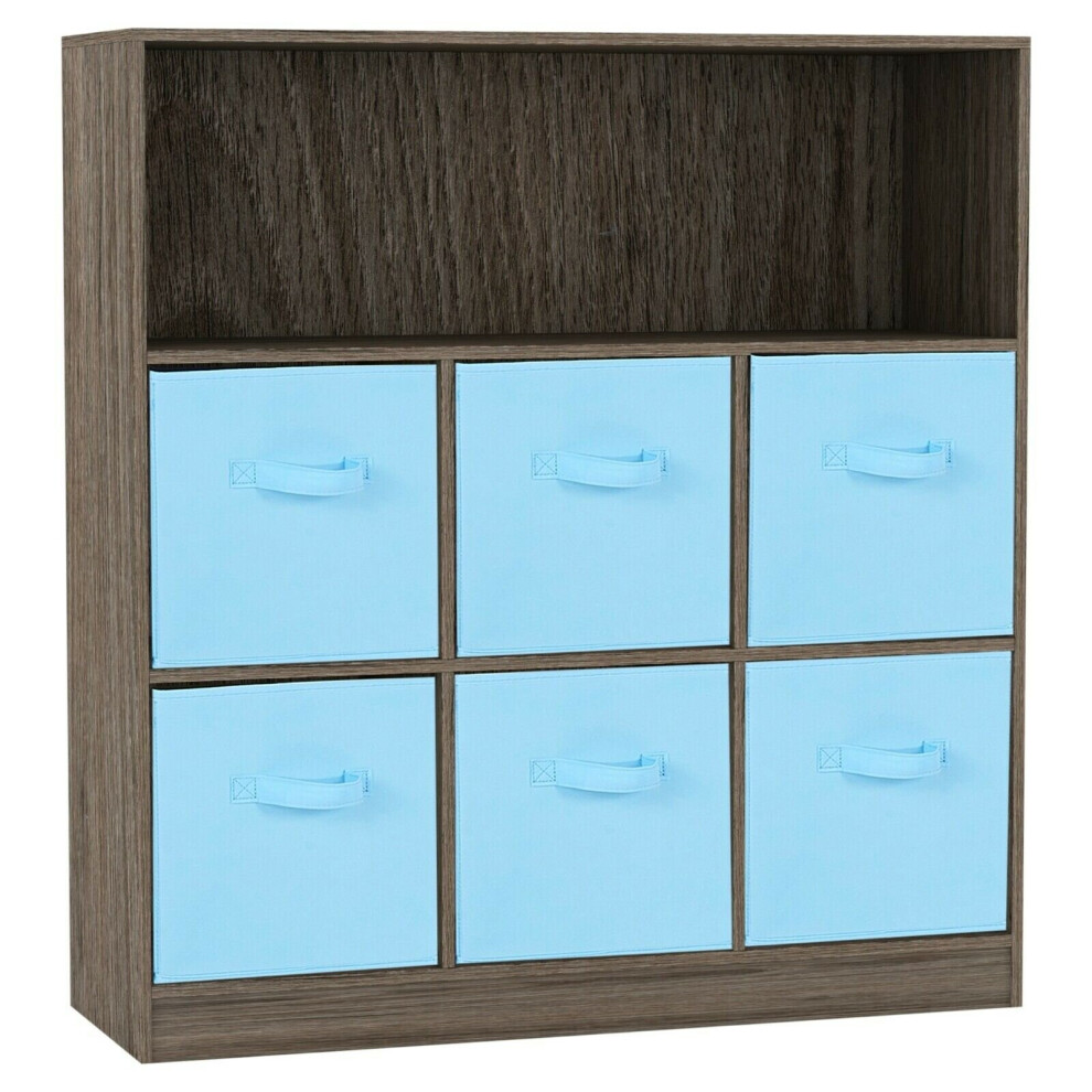 (Anthracite Oak, Sky Blue) Wooden 7 Cubed Bookcase Units Shelves 6 Drawers