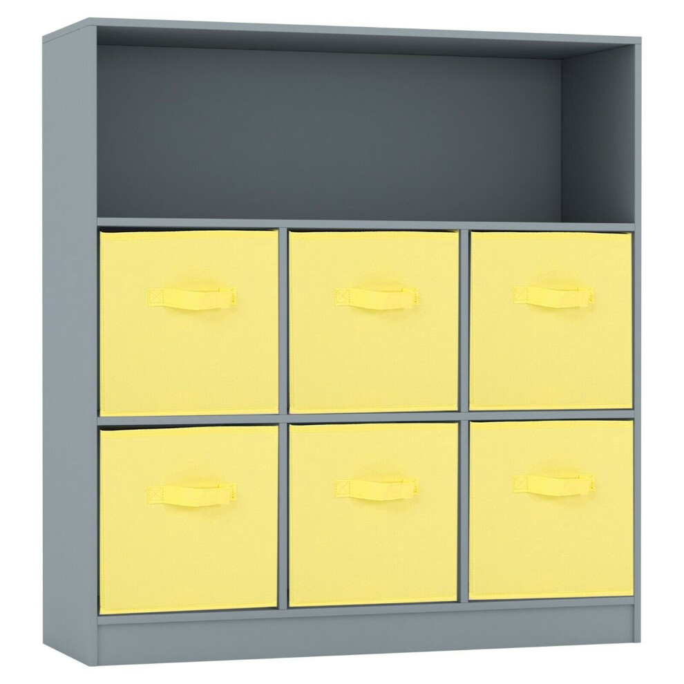 (Grey, Yellow) Wooden 7 Cubed Bookcase Units Shelves 6 Drawers