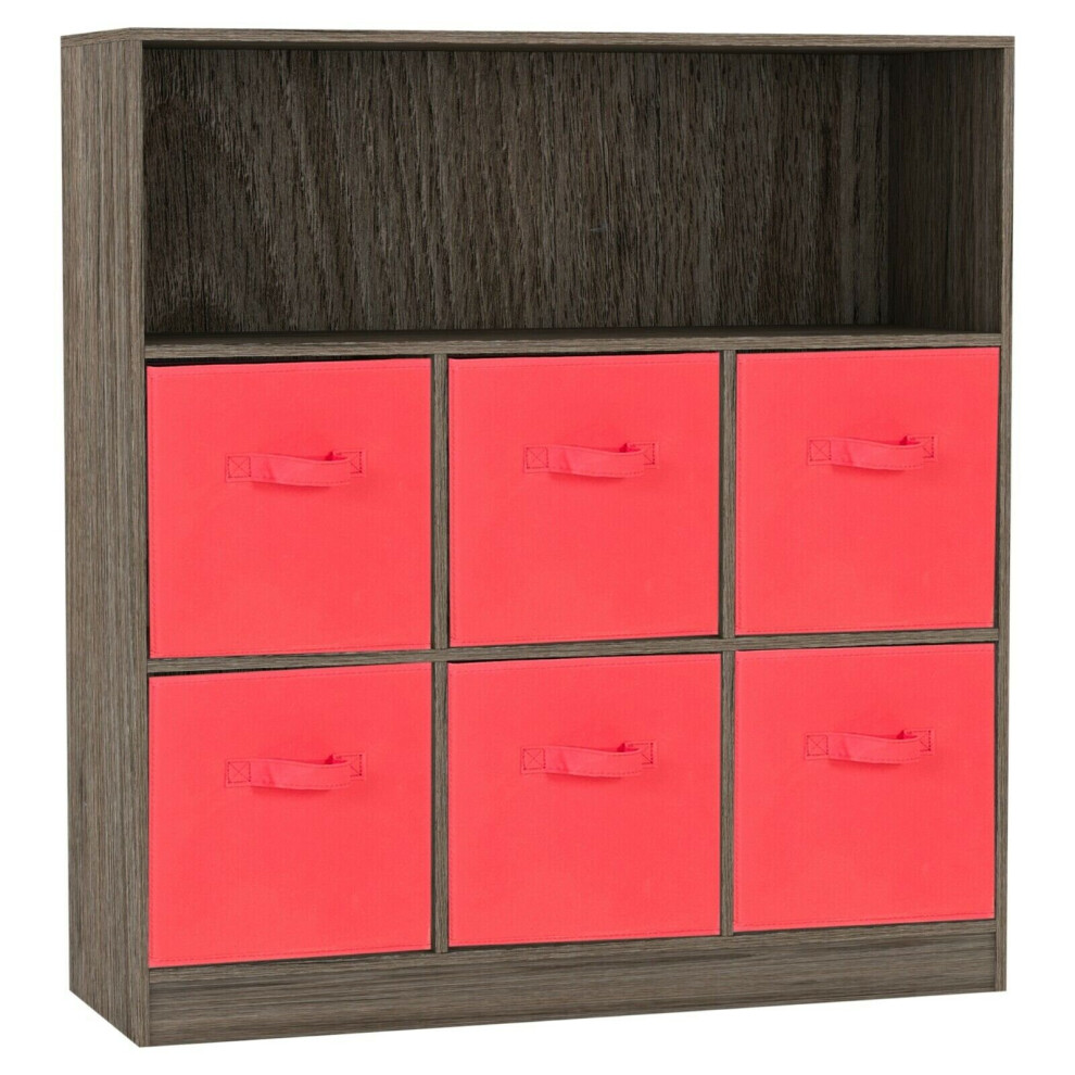 (Anthracite Oak, Red) Wooden 7 Cubed Bookcase Units Shelves 6 Drawers