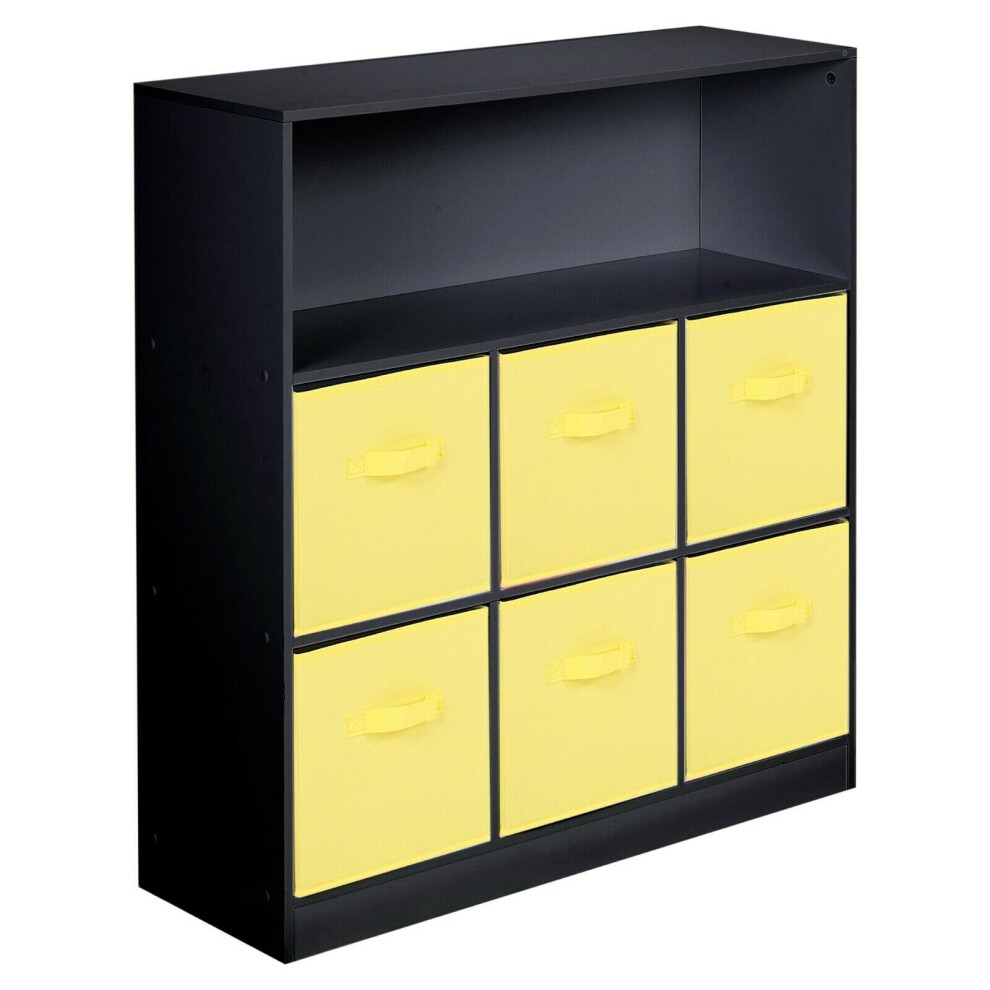 (Black, Yellow) Wooden 7 Cubed Bookcase Units Shelves 6 Drawers