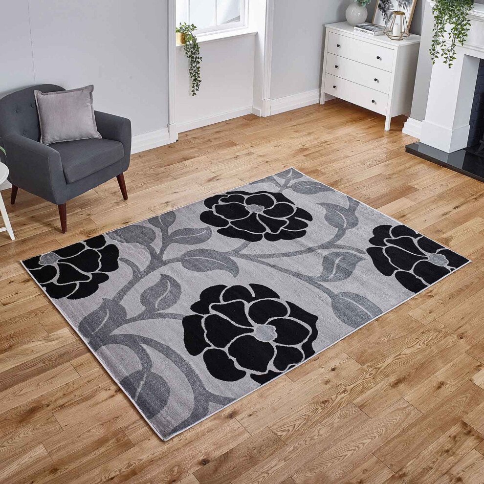 (Grey / Black, 80x150cm) Floral Rugs Flower Carpet Hall Runner