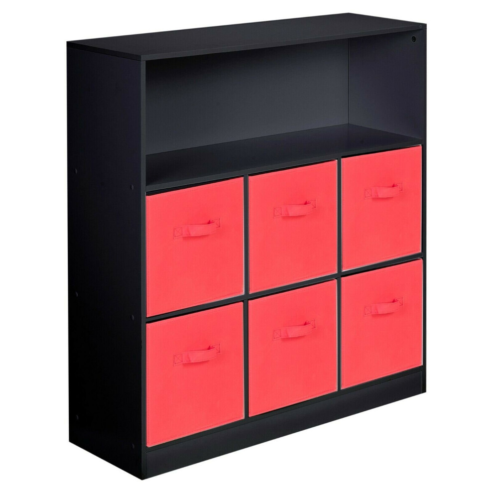 (Black, Red) Wooden 7 Cubed Bookcase Units Shelves 6 Drawers