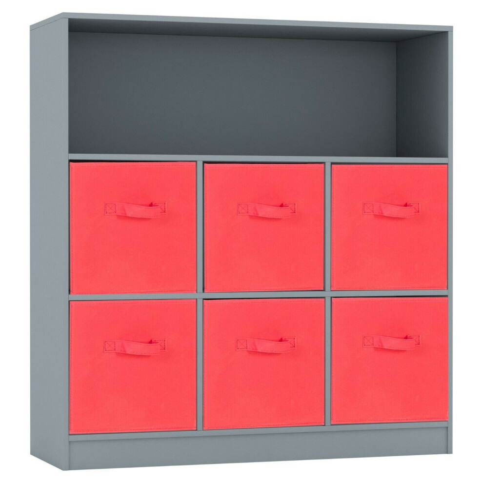 (Grey, Red) Wooden 7 Cubed Bookcase Units Shelves 6 Drawers