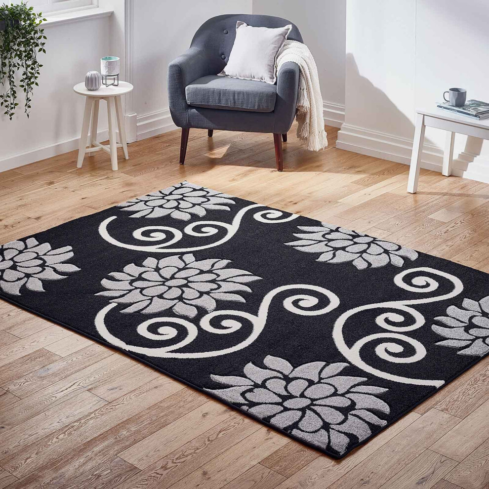 (Black / Grey, 120 x 170 cm) Floral Rugs Multi Coloured Flower Carpet