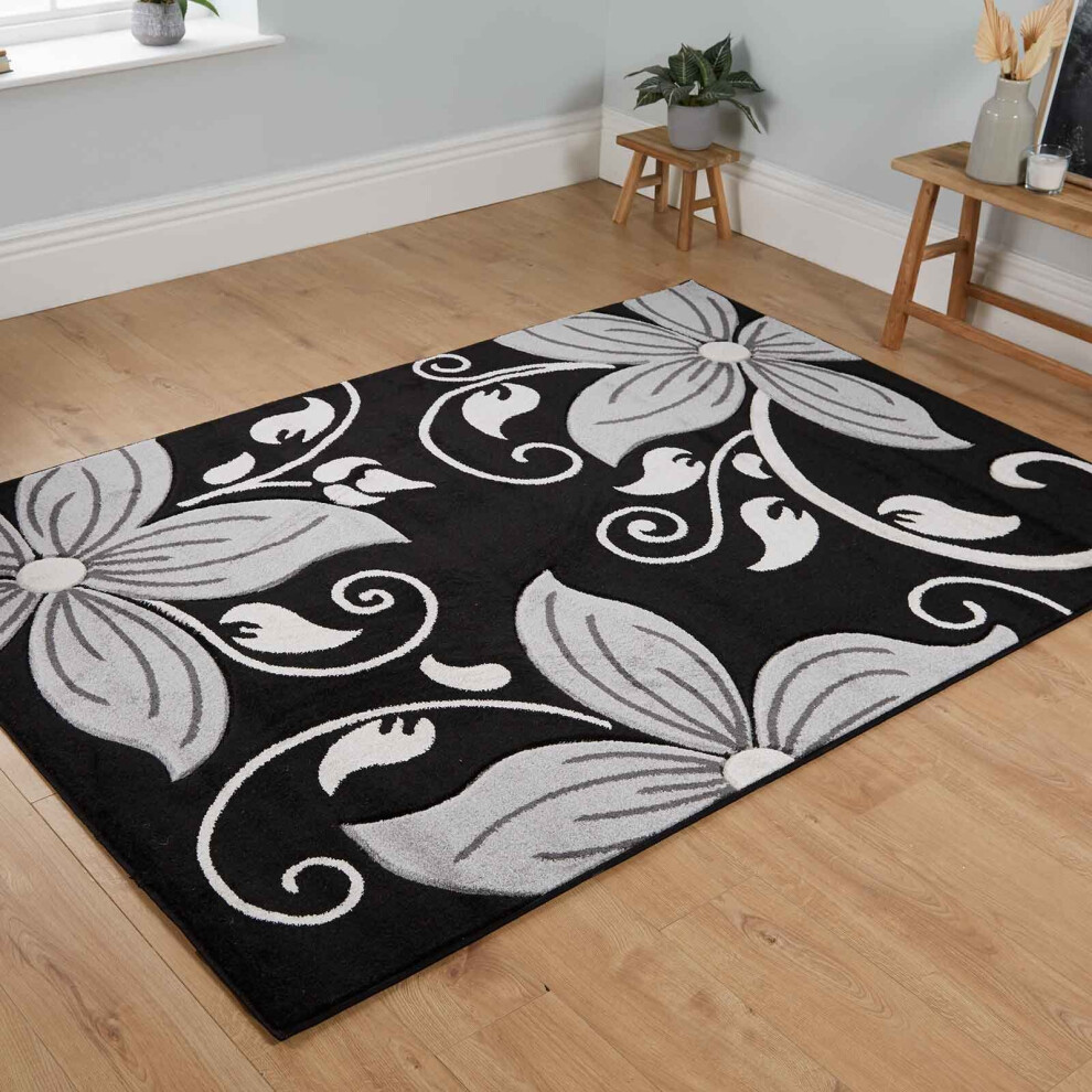 (Black / Grey, 160 x 220cm) Floral Area Rug Multicoloured Modern Non Slip Mat