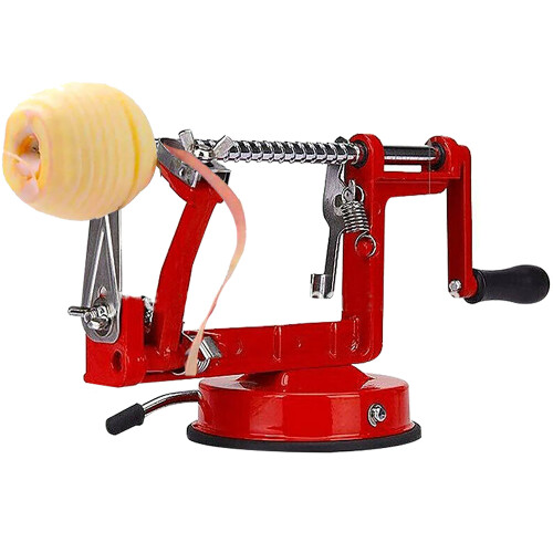 3-in-1 Apple Peeler, Core & Slice: Peels Apples, Pears & Potatoes Suction Base, Adjustable Blades Red