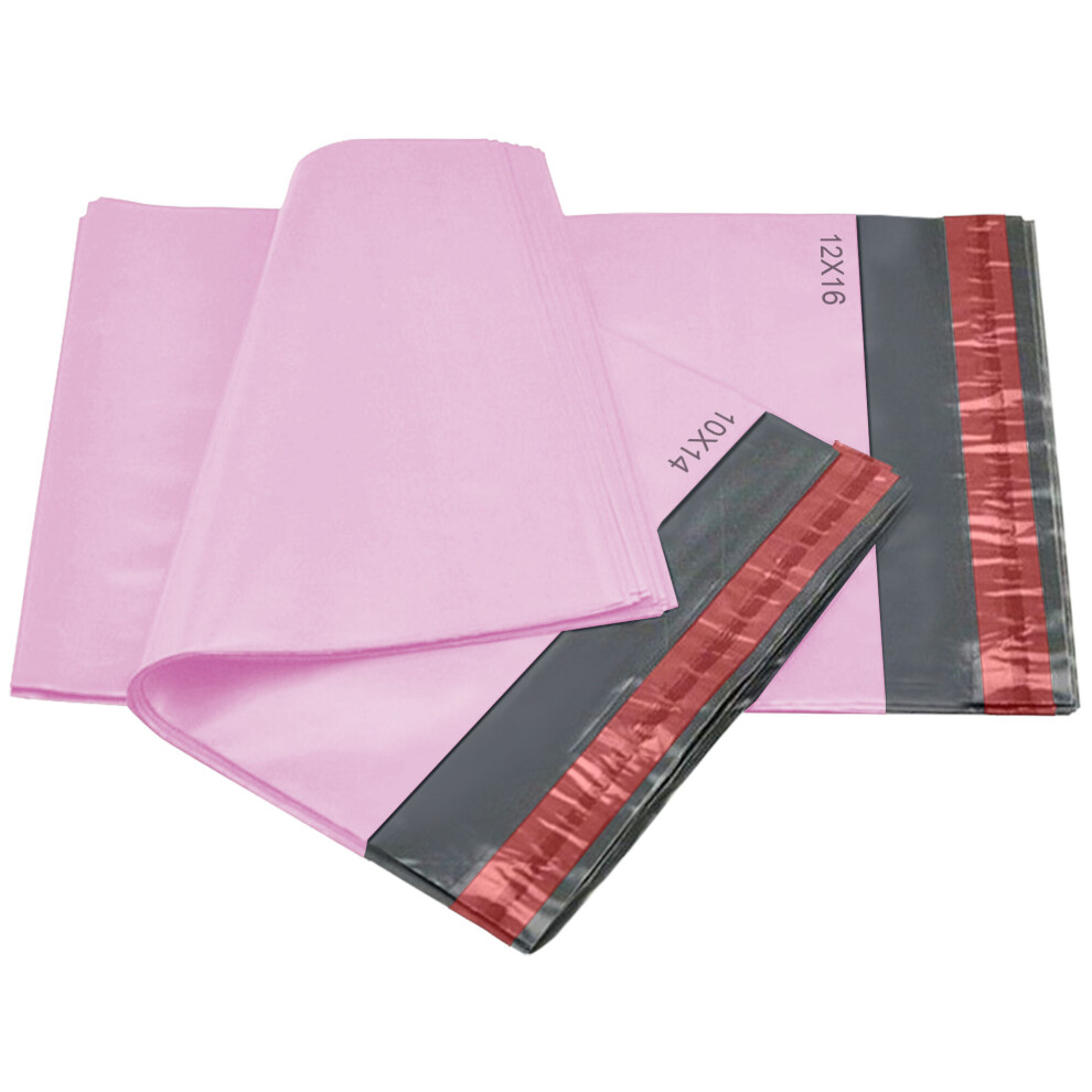 (Pink) 50 Mixed Mailing Poly Postal Self Seal Bags 2 Sizes 25 from Each iSOUL 10X14 and 12x16 Small to Large Postage