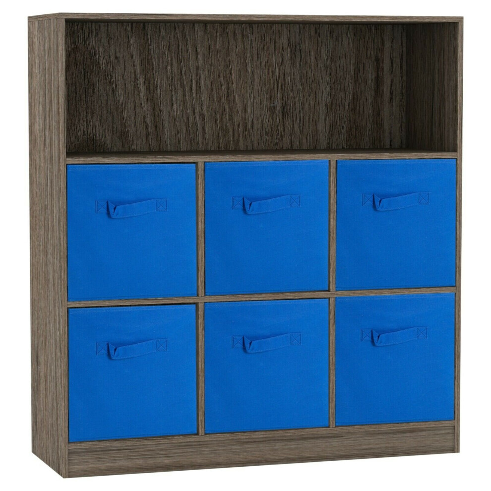 (Anthracite Oak, Dark Blue) Wooden 7 Cubed Bookcase Units Shelves 6 Drawers