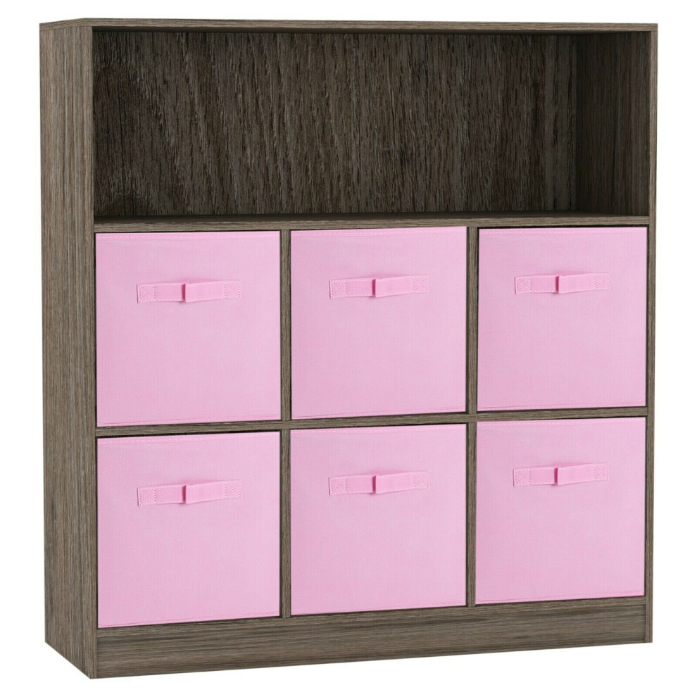 (Anthracite Oak, Light Pink) Wooden 7 Cubed Bookcase Units Shelves 6 Drawers