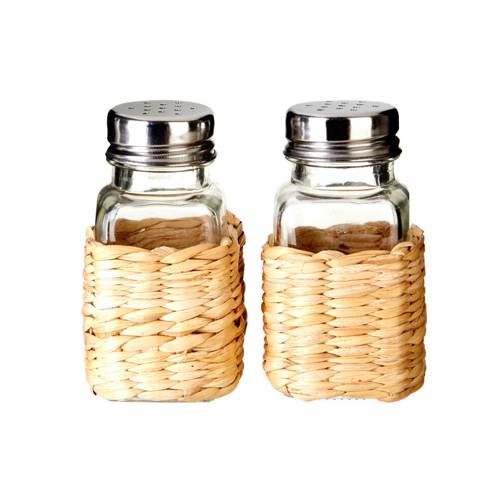 Premier Housewares Salt And Pepper Set Clear Colored Glass And Brown Rattan Container for Salt / Pepper / Herbs/ Reusable Shaker / Shakers Sets