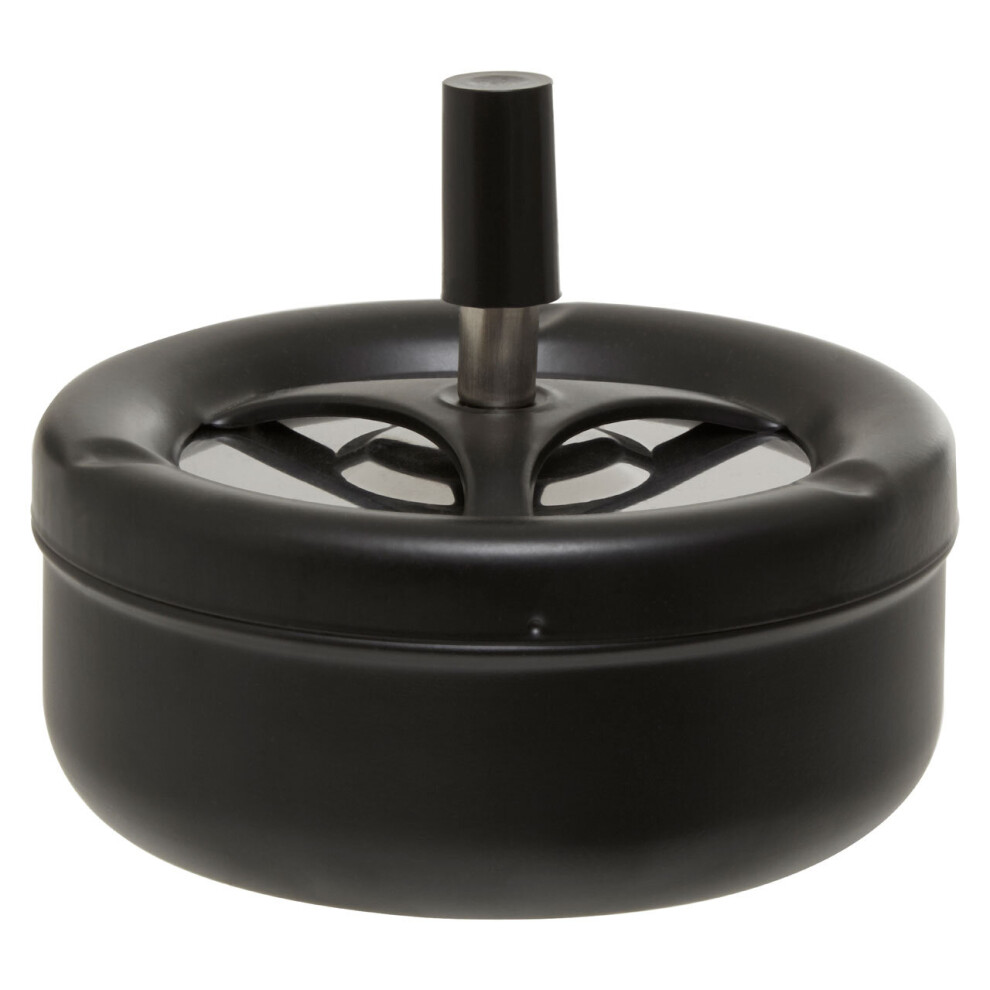 Premier Housewares Large Spinning Ash Tray With Lid / Outdoor Ashtray For Cigarettes Ashtrays With Matte Finish For Garden Smoking Round Shape Black