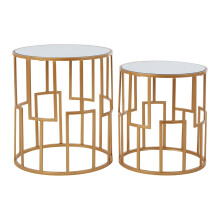 Premier Housewares Set Of 2 Round Bedside Table For Lamp Mirror Tops With Gold Finish Tables For Living Room Modern Metal Frame Table For Sides