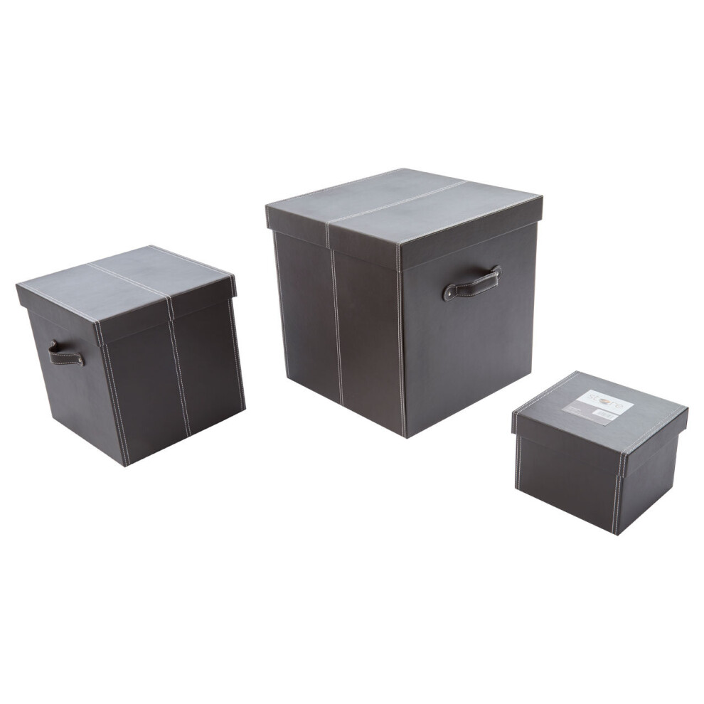 Premier Housewares Versatile Set Of Three Bown Faux Leather Storage Boxes, Elegant Faux Leather Box, Lightweight Storage Box
