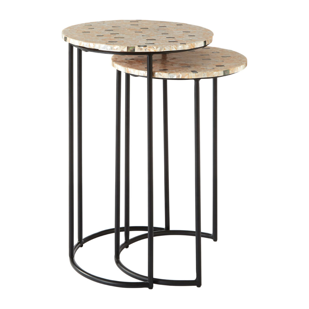 Set of 2 Pearl Side Nesting Tables, Round Top Tables with Black Iron Legs, Couch Side Tables for Living Room