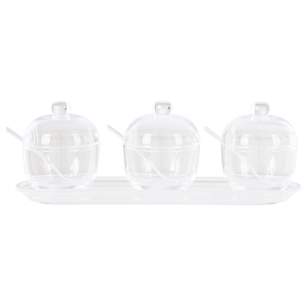 Premier Housewares Sugar Pot Vintage Sauce Dish Transparent Condiment Pots With Spoon And Tray Durable Containers Set Of 3 W33 X D10 X H13cm