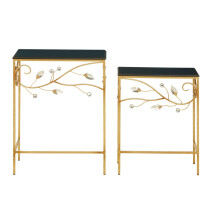 Versatile Set Of 2 Tables With Black Wooden Top, Nesting Design Side Tables, Elegant Side Table By Couch