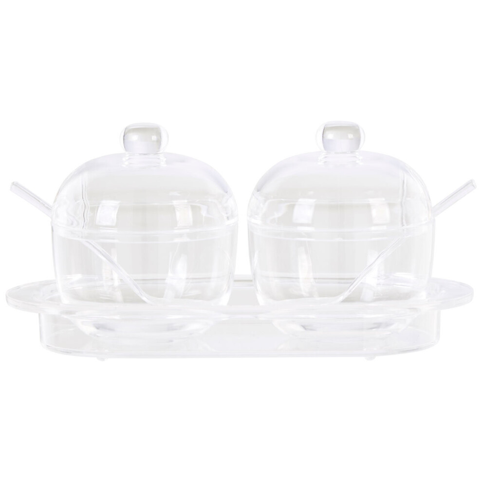 Premier Housewares Sugar Pot Vintage Sauce Dish Transparent Condiment Pots With Spoon And Tray Durable Containers Set Of 2 w10 x d12 x h22cm
