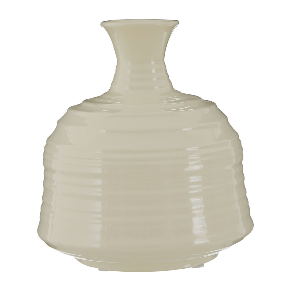 Contemporary Cream Small Ribbed Ceramic Vase, Durable Floral Vase, Easily Maintained Stoneware Flower Vase