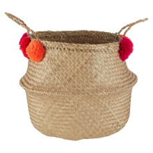 Premier Housewares Small Natural Seagrass Pom Pom Basket Decorative Storage Basket With Red and Orange Pom Poms Baskets With Handles w30 x d30 x h28cm