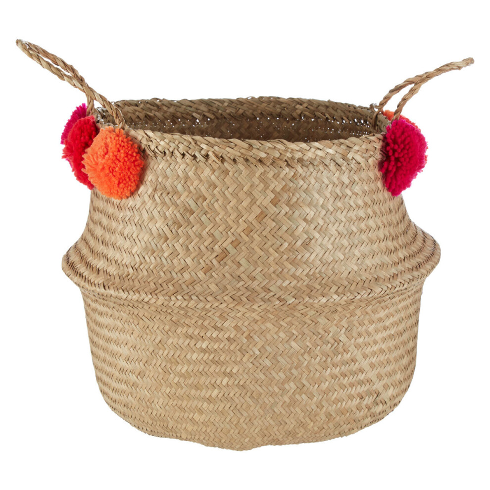 Premier Housewares Small Natural Seagrass Pom Pom Basket Decorative Storage Basket With Red and Orange Pom Poms Baskets With Handles w30 x d30 x h28cm