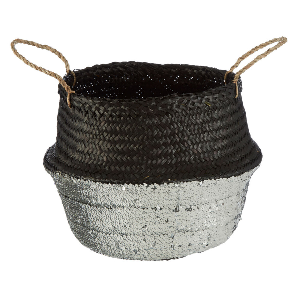 Premier Housewares Medium Natural Seagrass Basket Decorative Storage Baskets With Handles For Daily Use Store Clothes Shoes And Bags Silver/Black