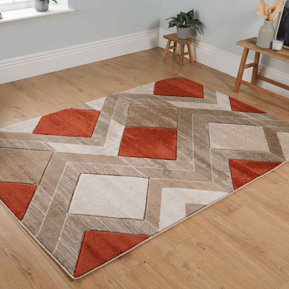 (Beige / Terracotta, 60 x 120cm ) Multi Coloured Geometric Diamond Modern Rugs Mat