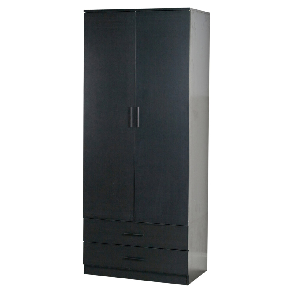 (Black Carcass + Black Drawers) Tall Wooden 2 Door Wardrobe With 2 Drawers Hanging